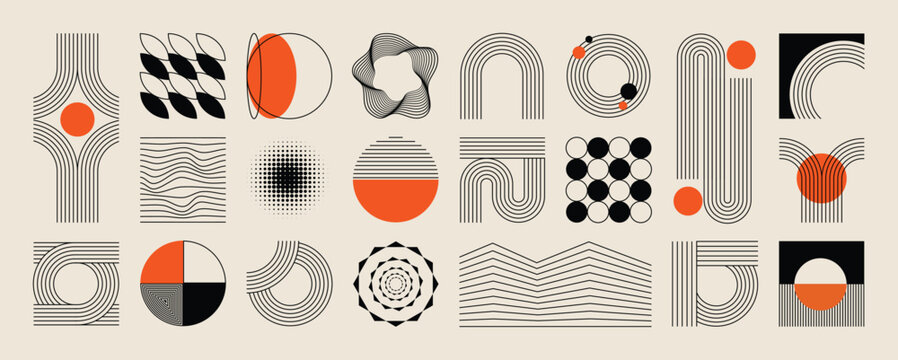 Abstract minimal element mid century vector set. Aesthetic contemporary stripe line art, vintage geometric shape,halftone in monochrome and orange. Atomic age Art form design for wall art, decoration.