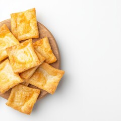 Fototapeta premium Golden cheesy puff pastry squares are arranged on a small round wooden board against a clean white background, offe a simple yet delicious treat.