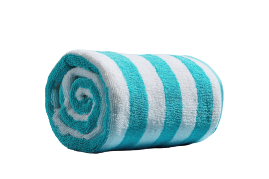 Rolled turquoise and white striped beach towel