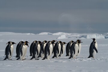 Obraz premium A group of emperor penguins walking on the ice in antarctica