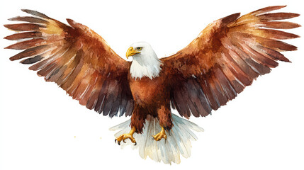 Obraz premium Bald eagle with wings spread wide in detailed watercolor painting