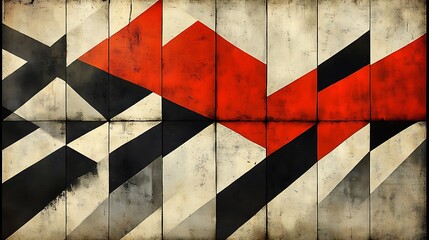 Geometric pattern with red, black, and white shapes.