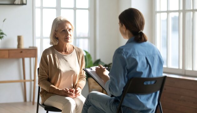 Thoughtful senior woman in therapy session with therapist taking notes in bright room