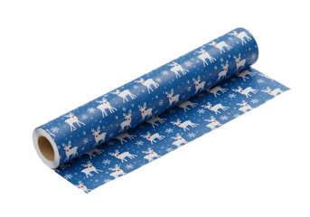 Rolled wrapping paper with reindeer and snowflakes design.