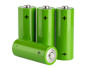 Tilted Green Batteries in Dynamic Layout, One Lying Down Showing Terminal, PNG Isolated