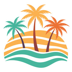 Palm Island with Pastel Stripes and Flowing Wave Silhouettes