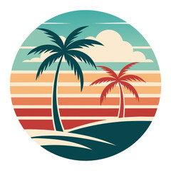 Tropical Island with Curved Waves and Vertical Retro Stripe Background