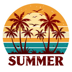 Vintage Stripe Background with Palms, Birds, and Large “SUMMER” Display Text