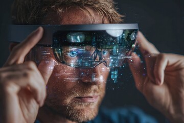 Man Wearing Augmented Reality Glasses Analyzing Data with Holographic Interface. MZ 