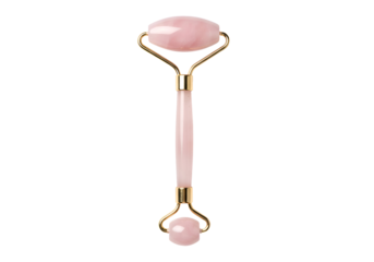 Pink quartz facial roller with gold accents.