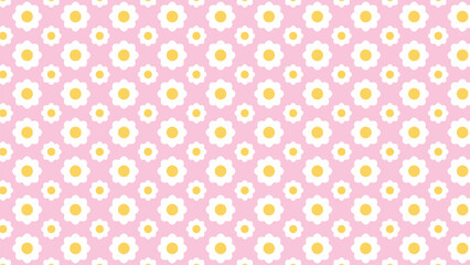 A seamless vector pattern featuring cute, cartoonish white flowers with yellow centers on a pink background. Perfect for baby showers, children's clothes, and digital paper