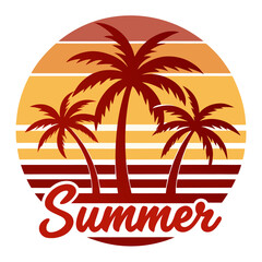 Naklejka premium Sunset Circle with Palms and “Hello Summer” Script in Smooth Vector Style