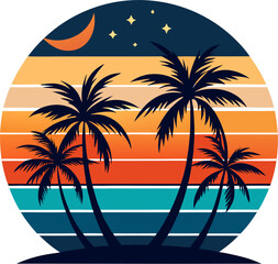 Blue-Orange Tropical Sunset with Crescent Moon and Clean Beach Composition