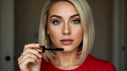 Woman applying mascara with brush to enhance eyelashes. Beauty makeup routine for cosmetic tutorials, skincare campaigns and anti-aging treatment promotions