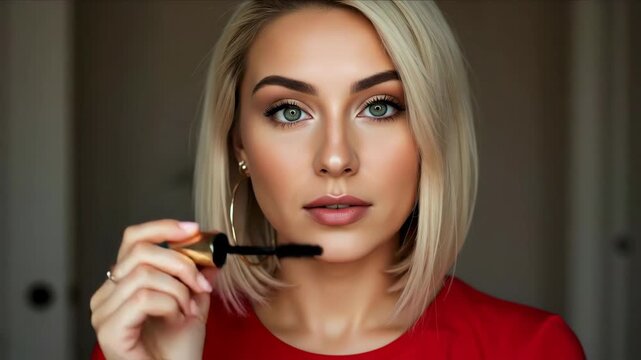 Woman applying mascara with brush to enhance eyelashes. Beauty makeup routine for cosmetic tutorials, skincare campaigns and anti-aging treatment promotions