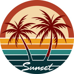 Curved Palms Above Warm Gradient Sunset and Retro Summer Script Typography