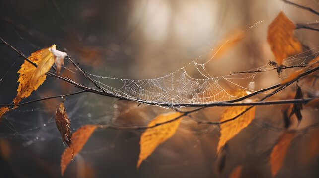 Macro view of a spider web stretched between thin branches covered with vibrant fall leaves