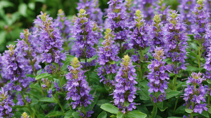 Obraz premium Purple flowers of hyssop plant bloom in green garden