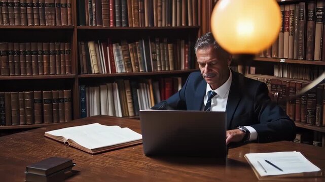 Exploring Knowledge: A Man Delving into Research in a Vintage Library