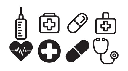 Medical Icons Set. Stethoscope, Syringe, First Aid Kit, Pill in Line and Solid Style. Victor illustration eps10
