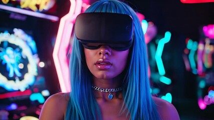 Woman with blue hair wearing vr headset in neon lit gaming arcade. Virtual reality entertainment technology for futuristic gaming and digital experience content