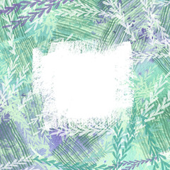 Emerald summer invitation and postcard design frame. Green texture with a pattern of leaves, branches, watercolor print. Ecological green design frame, bio print, organic concept