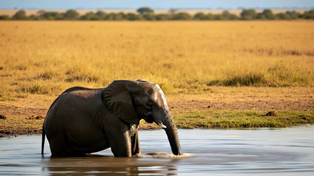 African elephant drinking water from river in natural savanna habitat during golden hour. Wildlife safari footage for nature documentaries and conservation awareness campaigns