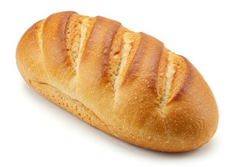 Golden brown loaf of bread with scoring on white background