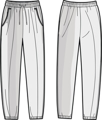 Men’s jogger pants vector flat sketch, front side back view, fashion technical drawing template, casual sweatpants design, clothing mockup, apparel outline illustration