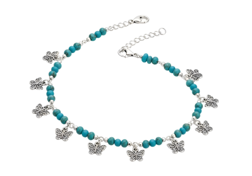 Turquoise beaded anklet with butterfly charms.