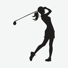 silhouette of single golfer in mid-swing, holding a golf club extended 