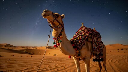 Decorated camel with colorful saddle standing in desert under starry night sky. Traditional bedouin transport for cultural tourism and desert adventure promotions