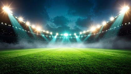 Football stadium lights beam over lush green grass field