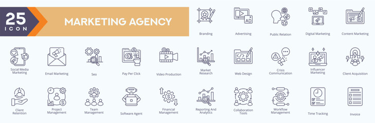 Marketing Agency icons collection vector images in outline style,
containing several branding, advertising, public relation, digital marketing, content marketing
for Web and application icons.

