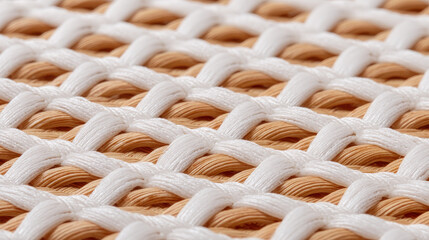 Close up view of diagonal synthetic weave pattern featuring alternating colors of beige and white, showcasing intricate details and textures that evoke sense of modern design and craftsmanship