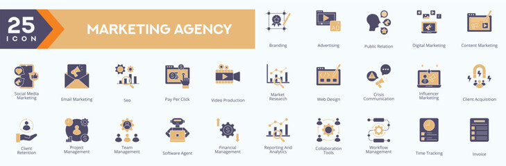 Marketing Agency icons collection vector images in glyph style dual tone,
containing several branding, advertising, public relation, digital marketing, content marketing
for Web and application icons.