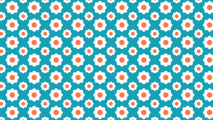 A seamless vector pattern featuring retro white daisies with orange centers on a teal background. Perfect for vibrant summer designs, fabric, fashion, and digital projects
