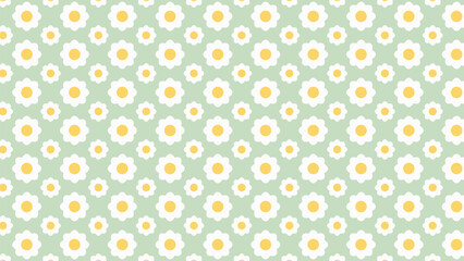 A lovely seamless vector pattern with white daisies and yellow centers on a pastel green background. Perfect for spring themes, kids' stationery, digital paper, and fabric