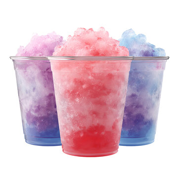 three iced colorful smoothy in plastic cup on transparent background