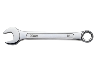 Close-up of a chrome open-end wrench.