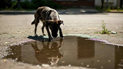 Dog standing near puddle with reflection on asphalt street surface. Urban pet concept for animal care services