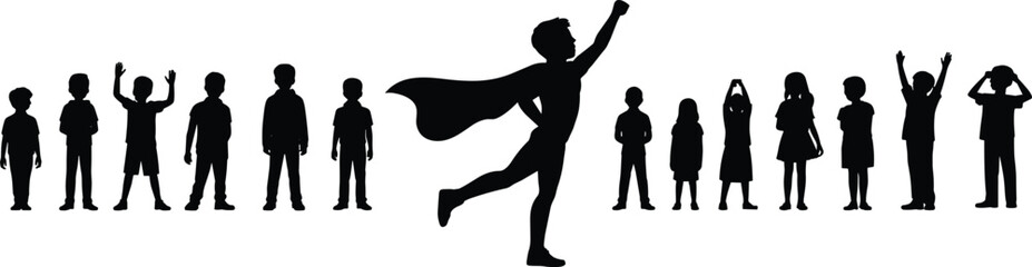 Silhouettes of children standing in row, superhero pose in center, individuality and confidence, childhood expression, vector illustration, cape icon