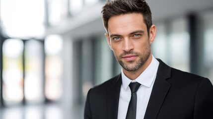 Fototapeta premium A professional consultant in formal attire, exuding confidence against a blurred office backdrop.