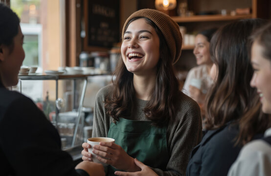 Cozy coffee shop scene with young woman, wearing green apron, seated at table holding white cup of coffee. People in background, blurred faces, engaged in conversations. Wooden coffee counter,