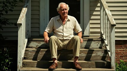 Elderly man sitting alone on wooden porch steps looking contemplative. Senior solitude concept for retirement services and mental health awareness campaigns