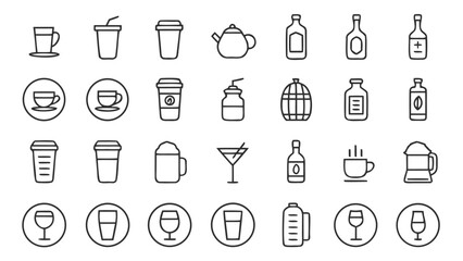 Collection of Minimalist Line Icons: Beverages, Drinks, and Vessels for Menu Design or Website.