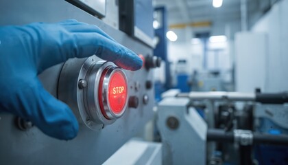 Metallic door with digital display, red STOP button in industrial environment. Worker presses button in cautionary sign. Advanced machinery, equipment in background. Factory maintenance operations in
