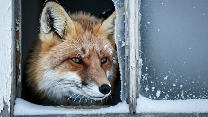 Fox looking through wooden window frame with snow on fur during winter season. Cold weather wildlife concept for nature documentaries, winter survival stories and animal shelter awareness campaigns