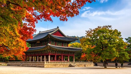 Autumnal palace grounds.  Colorful foliage surrounds a traditional Asian building