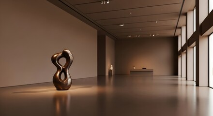 Minimalist art gallery featuring modern sculptures displayed in spacious hall, bathed in natural light. Art gallery exhibits intriguing forms and smooth textures, showcasing design and creativity.